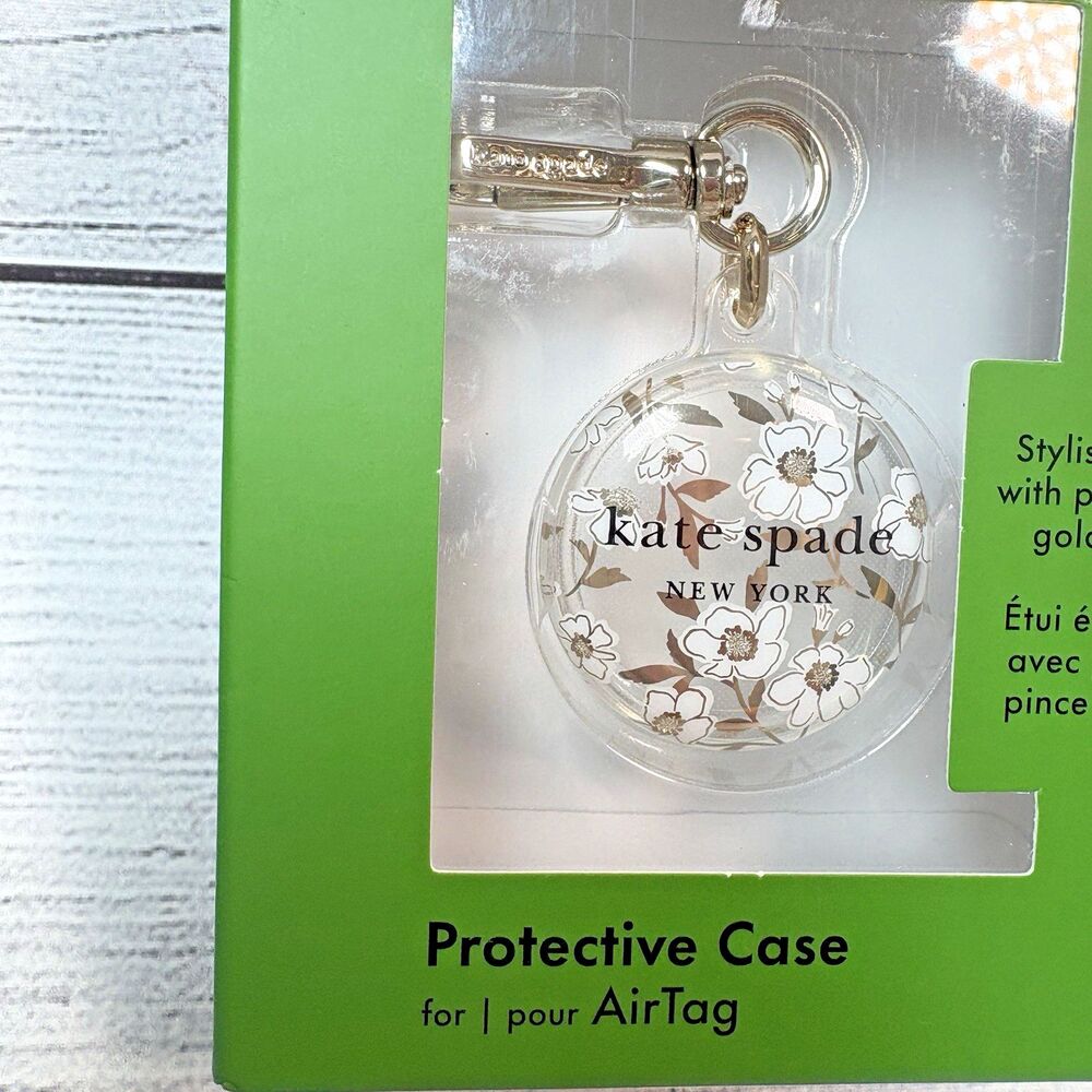 Kate Spade Case for Apple Airtag Gold White Sparkle Floral Silver Clip Gift NEW